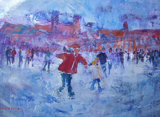 Holding Hands Skating - Skaters at Hampton Court Palace Surrey / London - Painting by Horsell Woking Surrey Artist Sera Knight