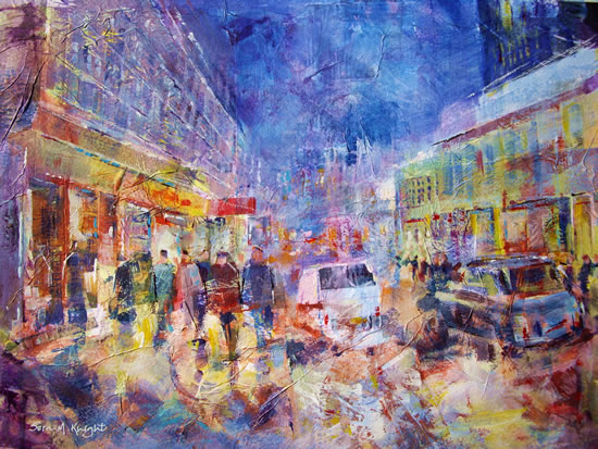 London Taxi & Busy London Street & Shops - Painting by Horsell Woking Surrey Artist Sera Knight