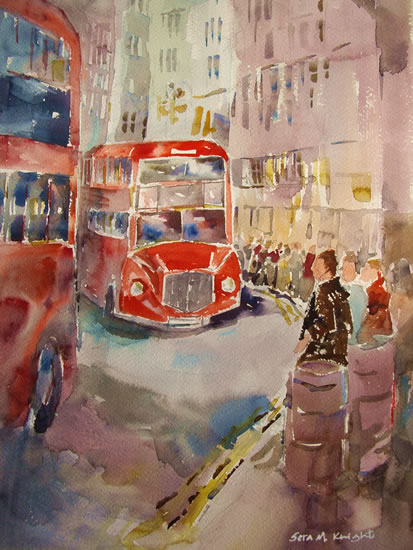 Red London Bus Queue - Painting by Horsell Woking Surrey Artist Sera Knight