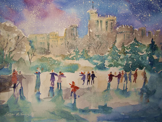 Skating by Windsor Castle-Berkshire - Snowflakes and Skaters Painting by Horsell Woking Surrey Artist Sera Knight