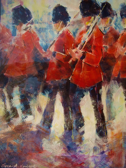 London Guards Marching on Parade - Soldiers On The March at Buckingham Palace - Painting by Horsell Woking Surrey Artist Sera Knight