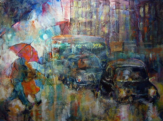 Woking Art Gallery - Rain In The City - Painting by Horsell Woking Surrey Artist Sera Knight