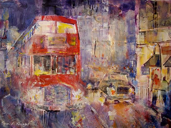 Woking Art Gallery - London Bus & London Taxi Street Scene- Painting by Horsell Woking Surrey Artist Sera Knight