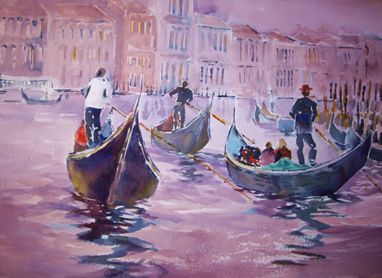 Gondoliers - Boats Gallery of Paintings by Horsell Woking Surrrey Artist Sera Knight