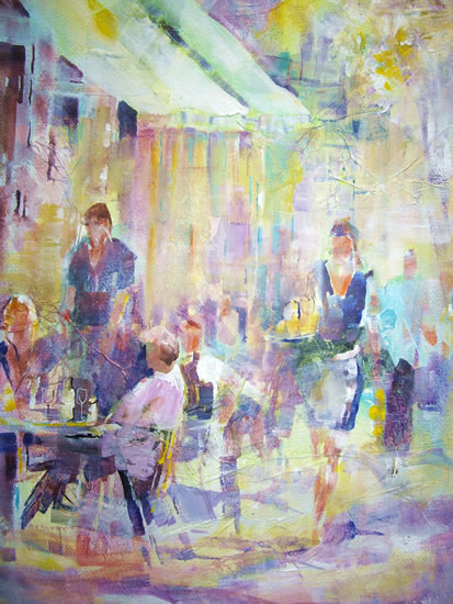 Café Culture - Waitress serving at Cafe or Restaurant - Painting by Horsell Woking Surrey Artist Sera Knight