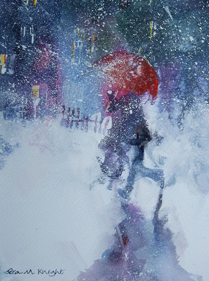 Snowstorm - Walking in Snow with Red Umbrella - Painting by Horsell Woking Surrey Artist Sera Knight