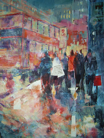 Bus Stop & London Red Buses - Painting by Horsell Woking Surrey Artist Sera Knight