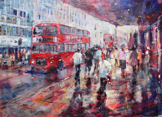Red busses in London busy shopping street - City Art Gallery