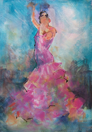 Pink Flamenco - Flamenco Dancer - Ballet & Dance Gallery of Art - Paintings by Surrey Artist Sera Knight - Horsell, Woking Surrey England