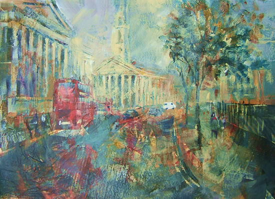 Red Bus and London Landmark - Painting by Horsell Woking Surrey Artist Sera Knight