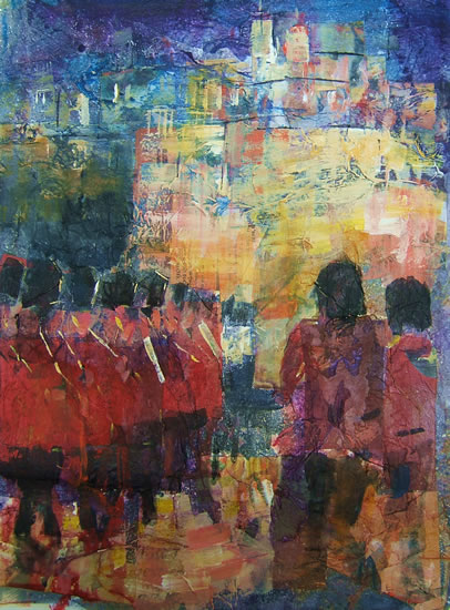 Marching Soldiers on Parade - Guards -  Painting by Horsell Woking Surrey Artist Sera Knight