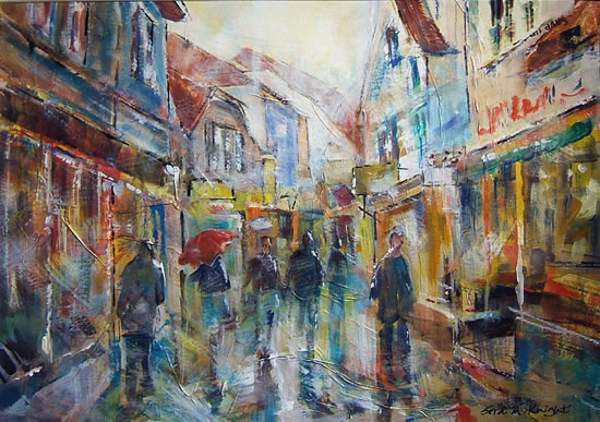 Woking Art Gallery - Umbrellas - Rainy Day Street Scene