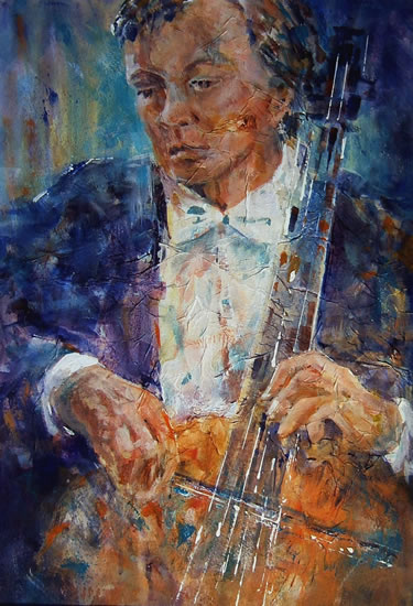 Orchestra - Cellist - Sera Knight Artist - Horsell Woking Surrey - Painting in Acrylic