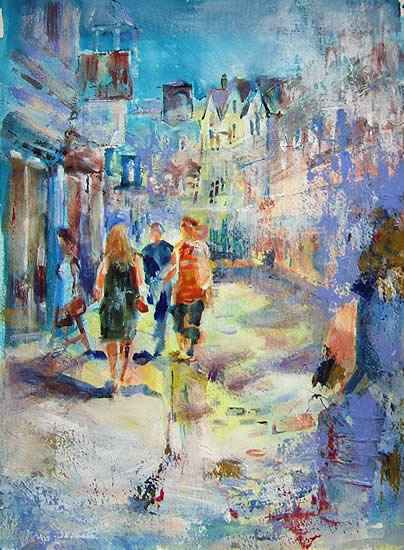 Woking Art Gallery - Street Scenes Collection - Sunny Street - Painting by Horsell Woking Surrey Artist Sera Knight