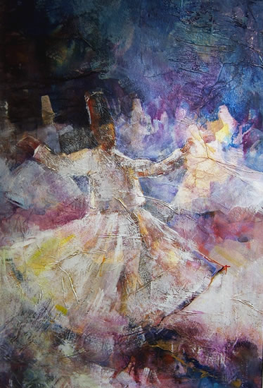 Whirling Dervishes - Gallery of Dance Paintings by Woking Surrey Artist Sera Knight - The Whirling Dervishes", believe in performing their dhikr in the form of a "dance" and music ceremony called the sema.