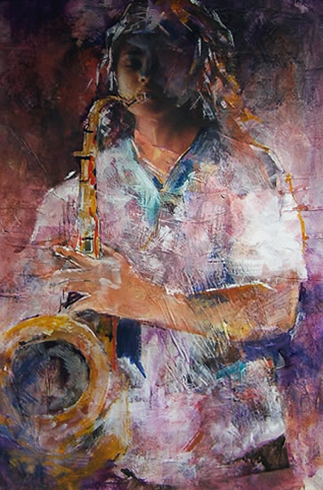 Woking Art Gallery - Musicians Collection - Saxophone Player - Painting by Horsell Woking Surrey Artist Sera Knight
