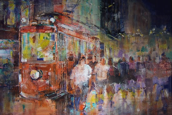 Woking Art Gallery - Street Scene Collection - Tram  - Painting by Horsell Woking Surrey Artist Sera Knight