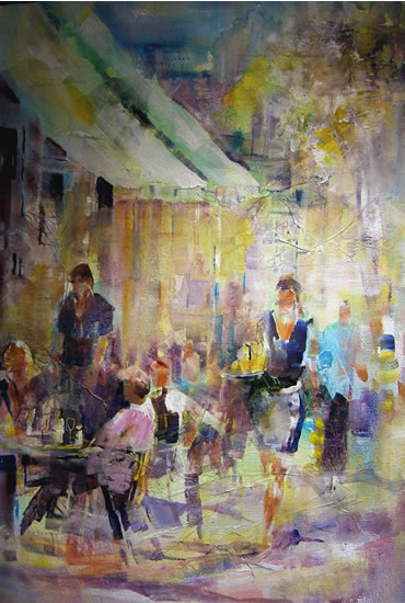 Woking Art Gallery - Street Scene Collection - Cafe Society  - Painting by Horsell Woking Surrey Artist Sera Knight
