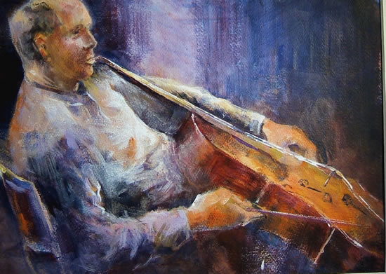 Woking Art Gallery - Classical Music Collection - Cello Practice   - Painting by Horsell Woking Surrey Artist Sera Knight