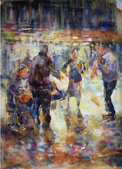 Woking Art Gallery - Music Collection - Street Musicians / Entertainers - Painting by Horsell Woking Surrey Artist Sera Knight
